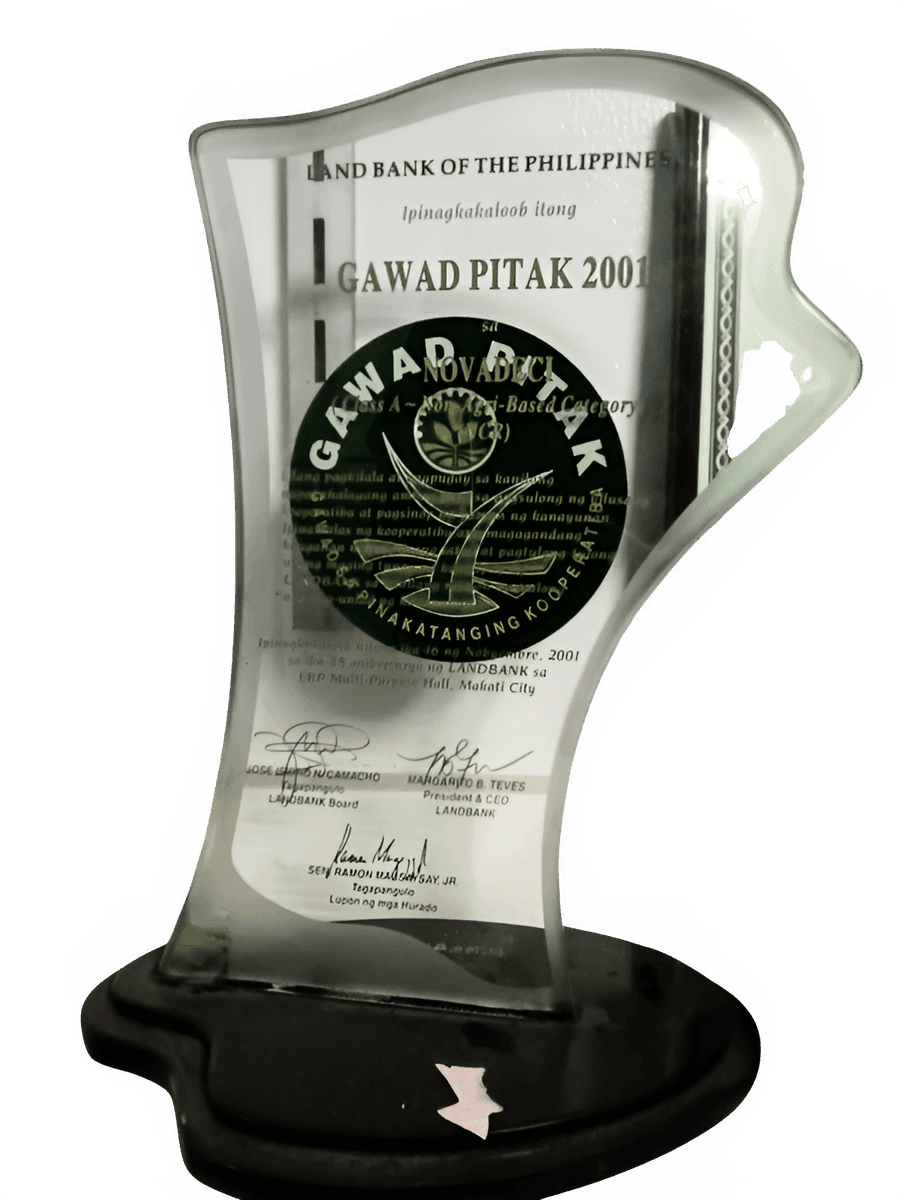 Gawad PITAK 2001 Most Outstanding Cooperative trophy for NOVADECI
