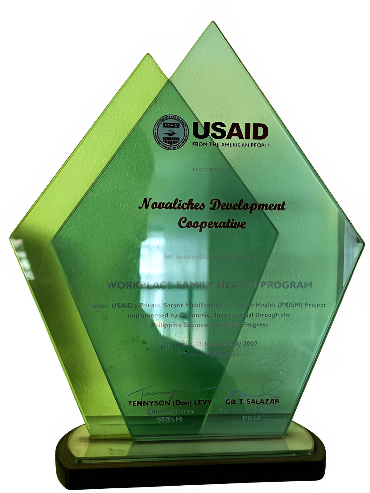 USAID recognition trophy for the Workplace Family Health Program