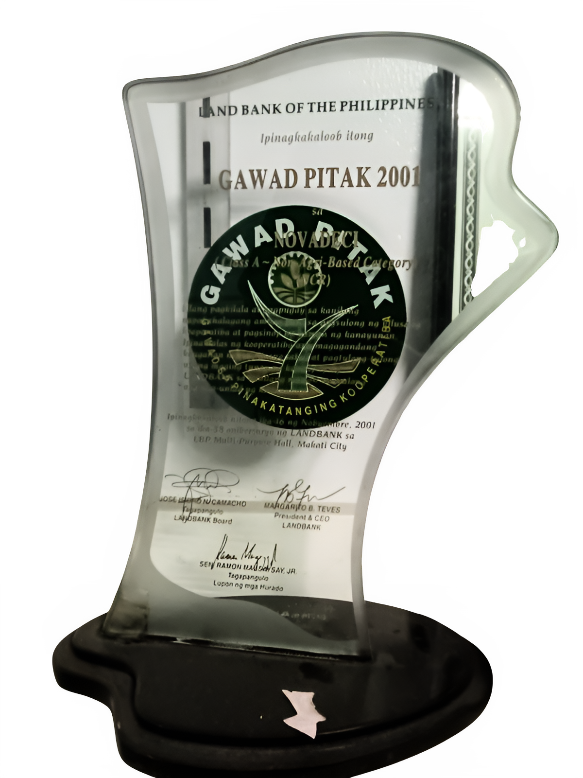 Gawad PITAK 2001 Most Outstanding Cooperative trophy for NOVADECI
